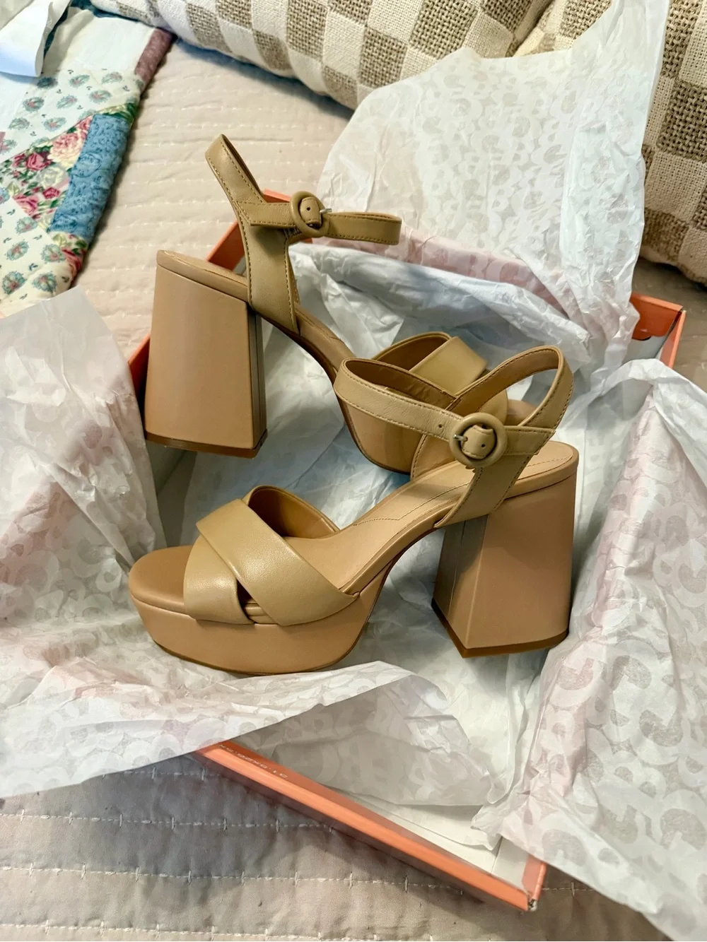 Platform Block Heel Sandals in Beige